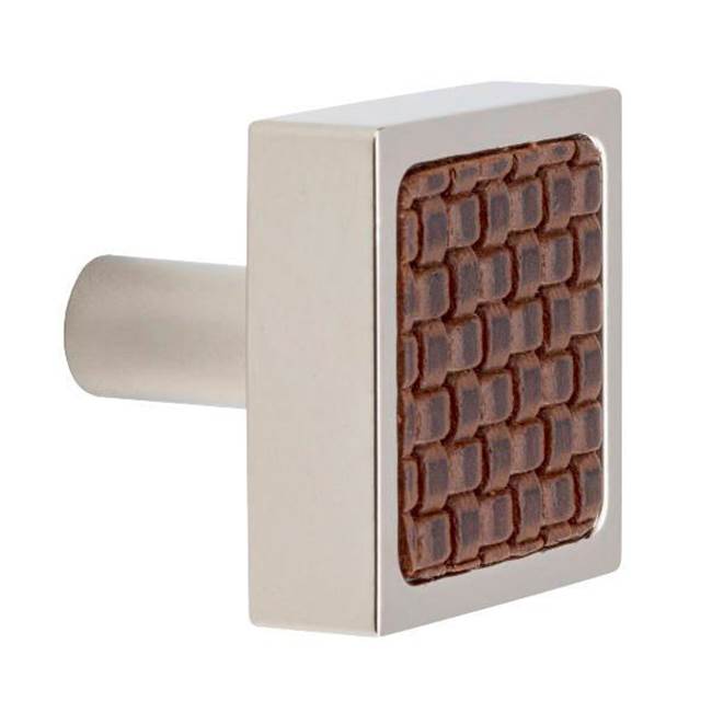 Colonial Bronze Leather Accented Square Cabinet Knob With Straight Post, Satin Brass x Rattlesnake White Leather