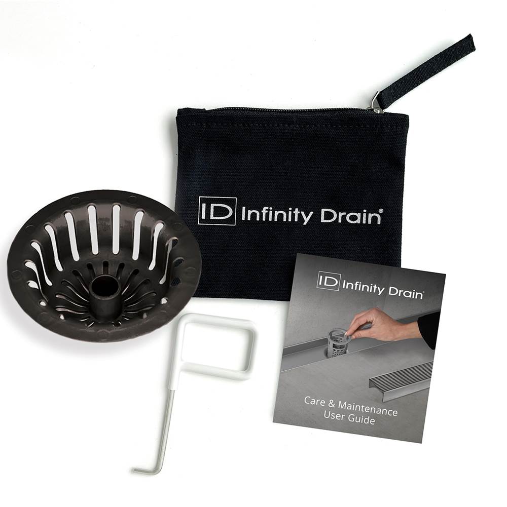 Infinity Drain Hair Maintenance Kit. Includes maintenance guide, DKEY Lift-out key, and HS 4B Hair Strainer in black.