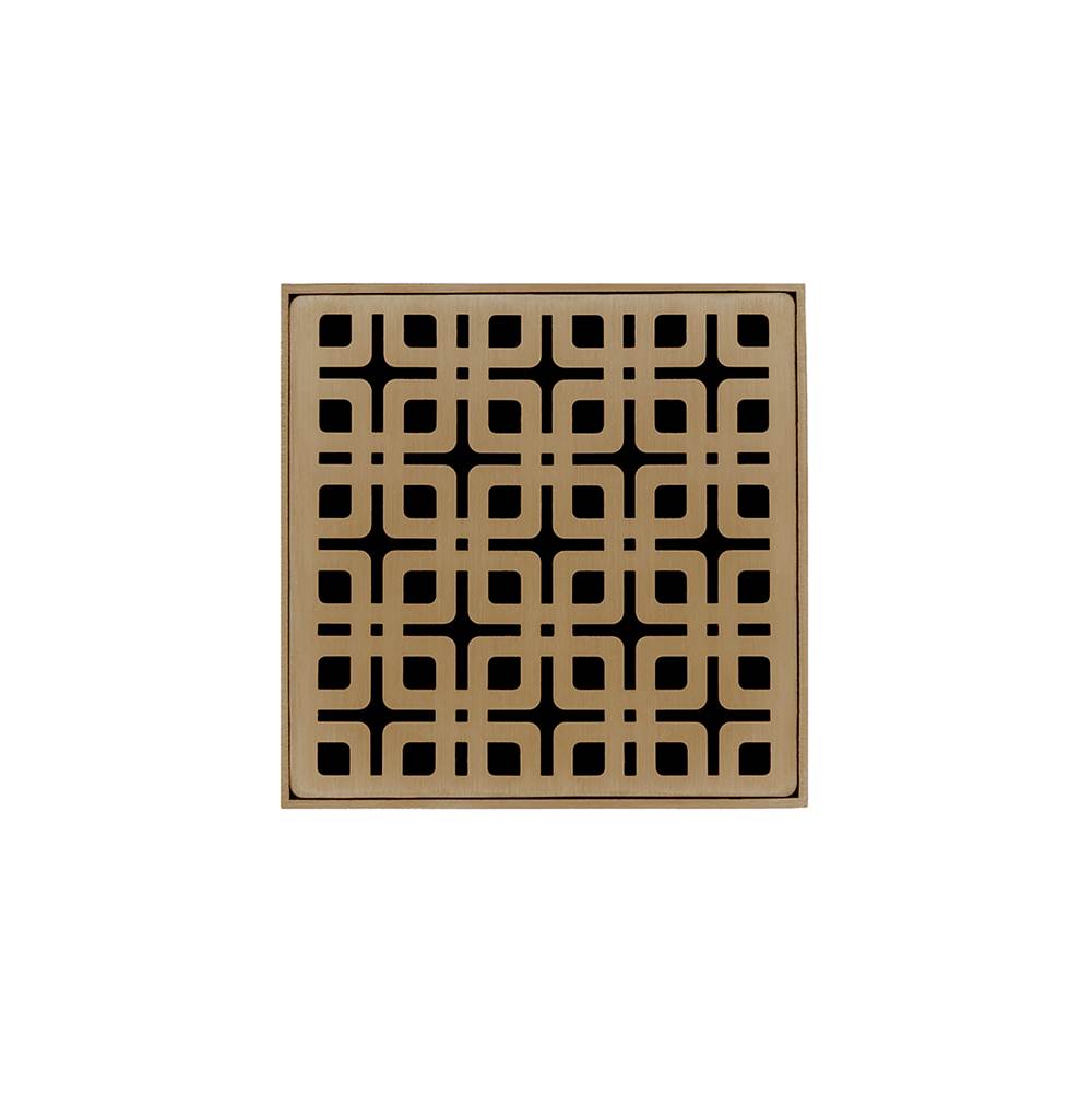Infinity Drain 4'' x 4'' KD 4 Complete Kit with Link Pattern Decorative Plate in Satin Bronze with PVC Drain Body, 2'' Outlet