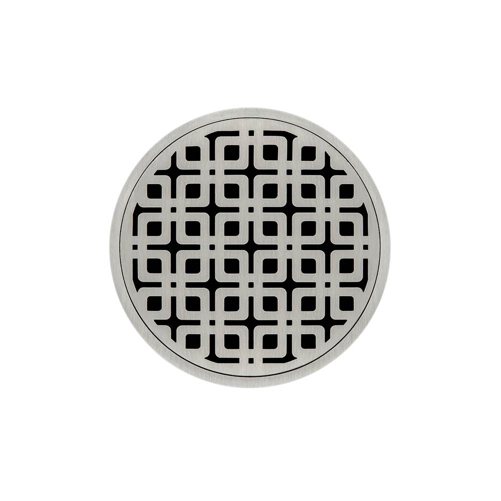Infinity Drain 5'' Round RKDB 5 Complete Kit with Link Pattern Decorative Plate in Satin Stainless with ABS Bonded Flange Drain Body, 2'', 3'' and 4'' Outlet