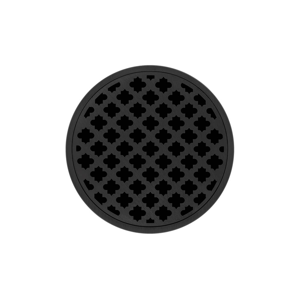 Infinity Drain 5'' Round RMD 5 High Flow Complete Kit with Moor Pattern Decorative Plate in Matte Black with Cast Iron Drain Body, 3'' No-Hub Outlet
