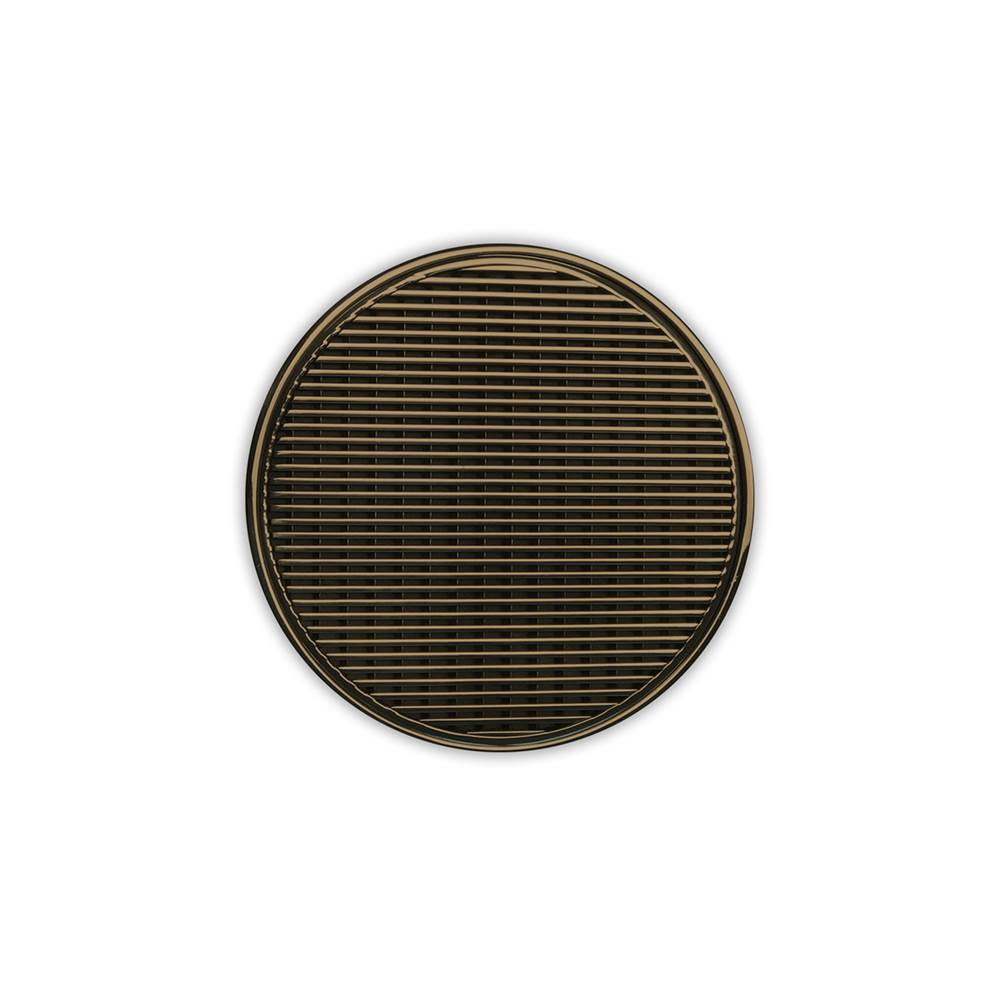 Infinity Drain 5'' Round RWD 5 High Flow Complete Kit with Wedge Wire Pattern Decorative Plate in Satin Bronze with Cast Iron Drain Body, 3'' No-Hub Outlet