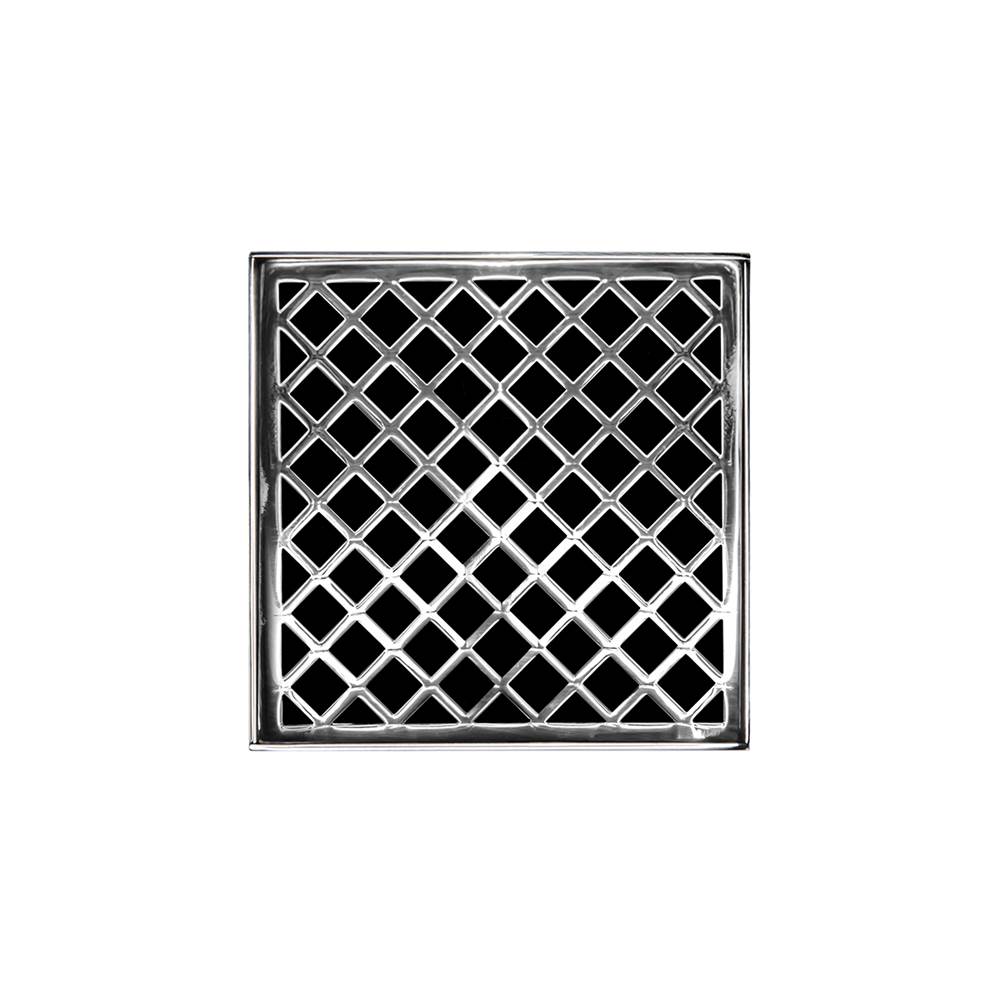 Infinity Drain 5'' x 5'' XD 5 High Flow Complete Kit with Criss-Cross Pattern Decorative Plate in Polished Stainless with PVC Drain Body, 3'' Outlet