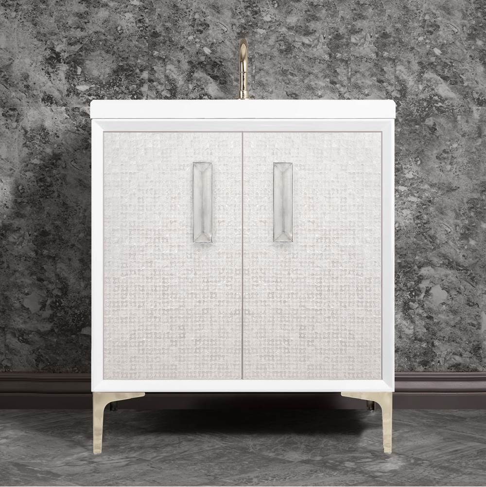 Linkasink MOTHER OF PEARL with 8'' Artisan Glass Prism Hardware 30'' Wide Vanity, White, Polished Nickel Hardware, 30'' x 22'' x 33.5'' (without vanity top)
