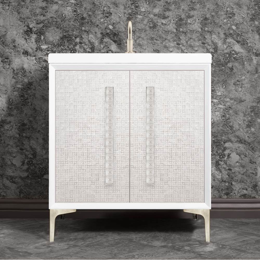 Linkasink MOTHER OF PEARL with 18'' Artisan Glass Pyramid Hardware 30'' Wide Vanity, White, Satin Nickel Hardware, 30'' x 22'' x 33.5'' (without vanity top)
