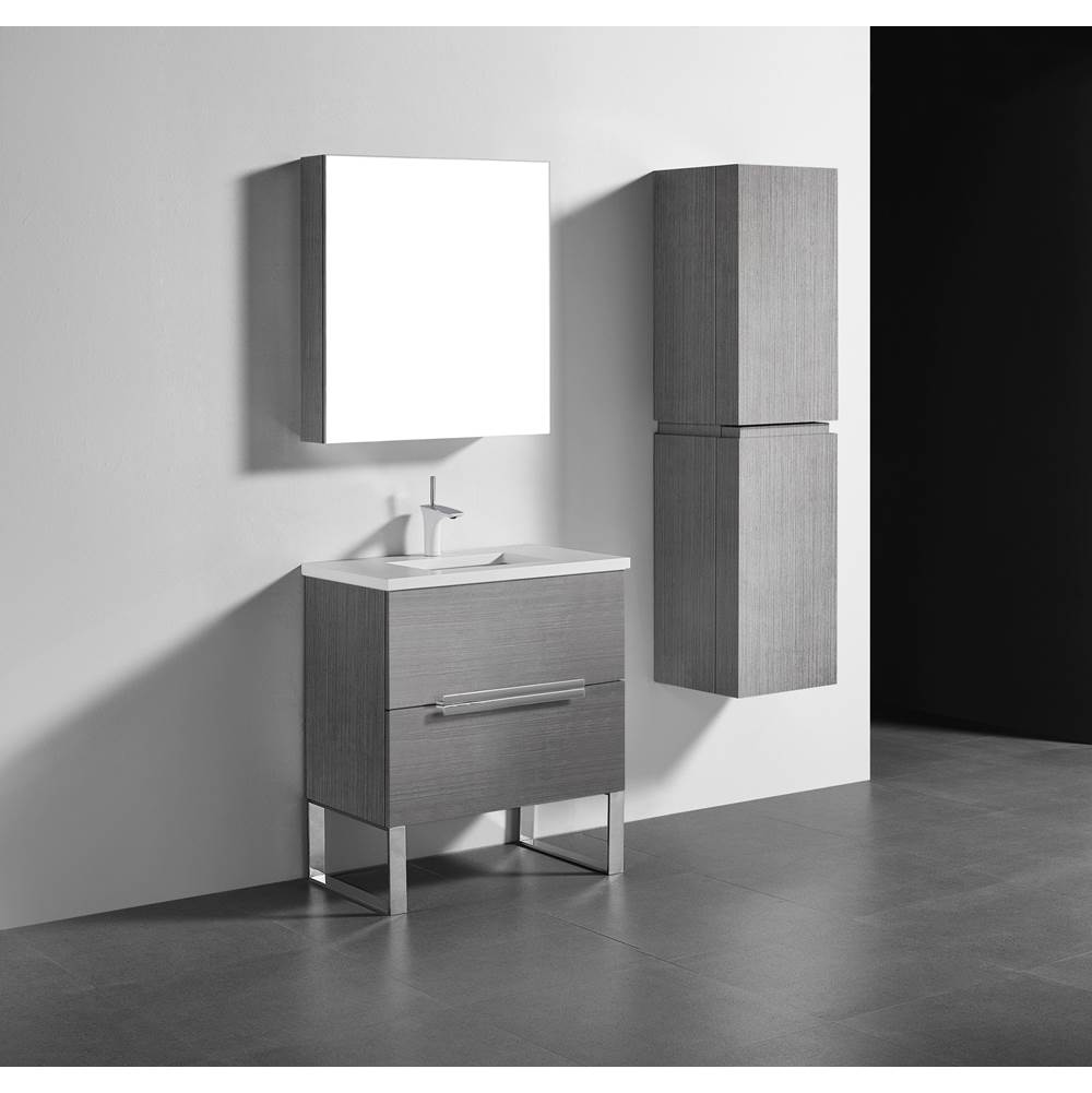 Madeli Soho 30''. Ash Grey, Free Standing Cabinet, Brushed Nickel Handles (X2), S-Legs (X2), 29-5/8'' X 18'' X 33-1/2''