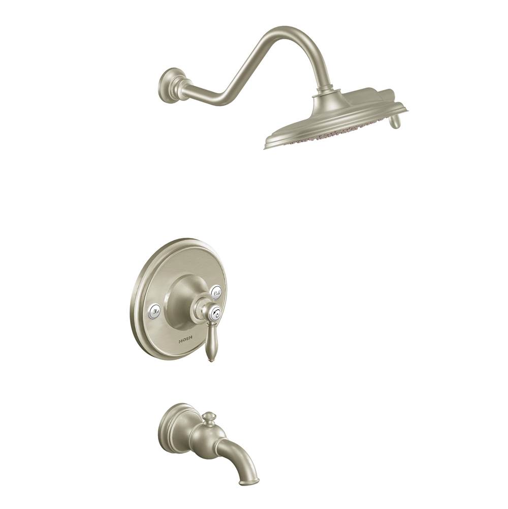 Moen Weymouth Posi-Temp Tub and Shower Trim Kit, Valve Required, including 9-Inch 2-Spray Eco-Performance Rainshower, Brushed Nickel