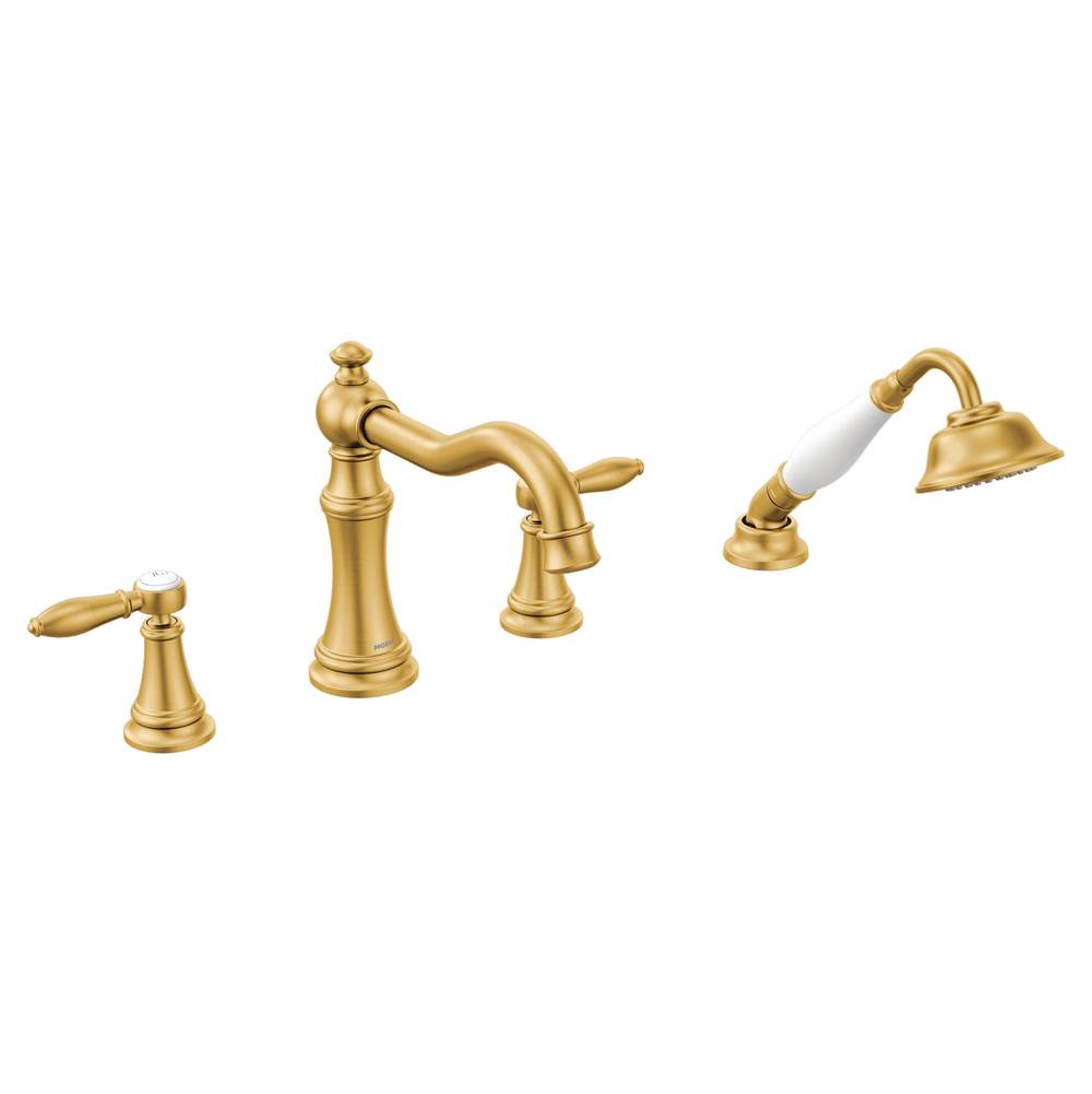 Moen Weymouth Two-Handle Roman Tub Faucet Trim Kit with Handshower, Valve Required, Brushed Gold