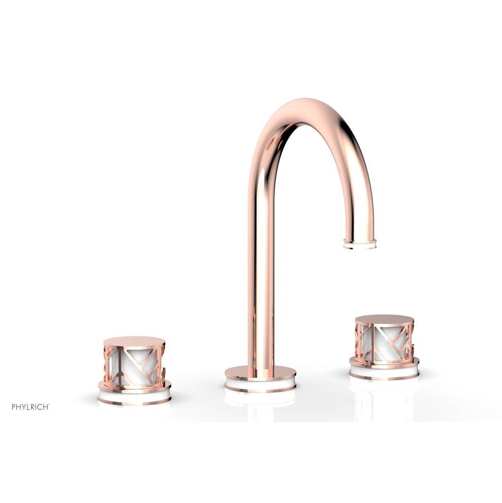 Phylrich Satin Brass Jolie Widespread Lavatory Faucet With Gooseneck Spout, Round Cutaway Handles, And Gloss White Accents - 1.2GPM