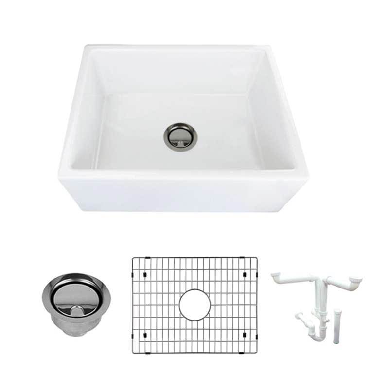 Transolid Porter 24in x 18in Undermount Single Bowl Farmhouse Fireclay Kitchen Sink, in White with Grid, Strainer, Installation