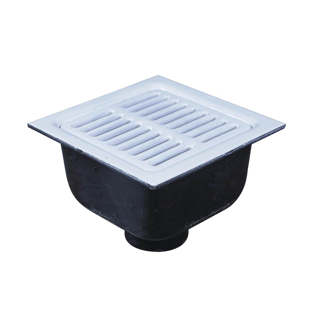 Watts Floor Sink, 2 IN Pipe, No Hub, 12 IN Square , 6 IN Deep Porcelain Enamel Coated Cast Iron Grate, Dome Bottom Strainer, Push On